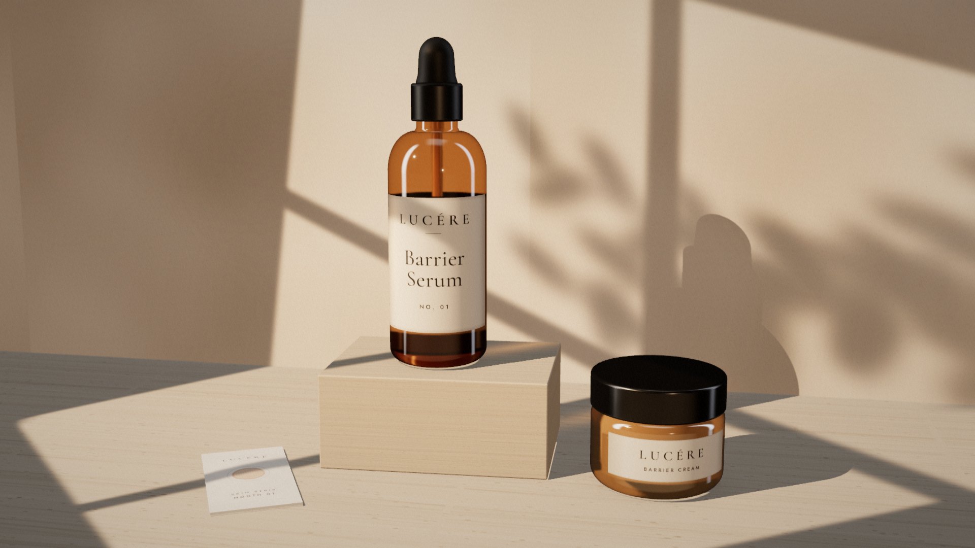 Lucére barrier serum and barrier cream on a stone table