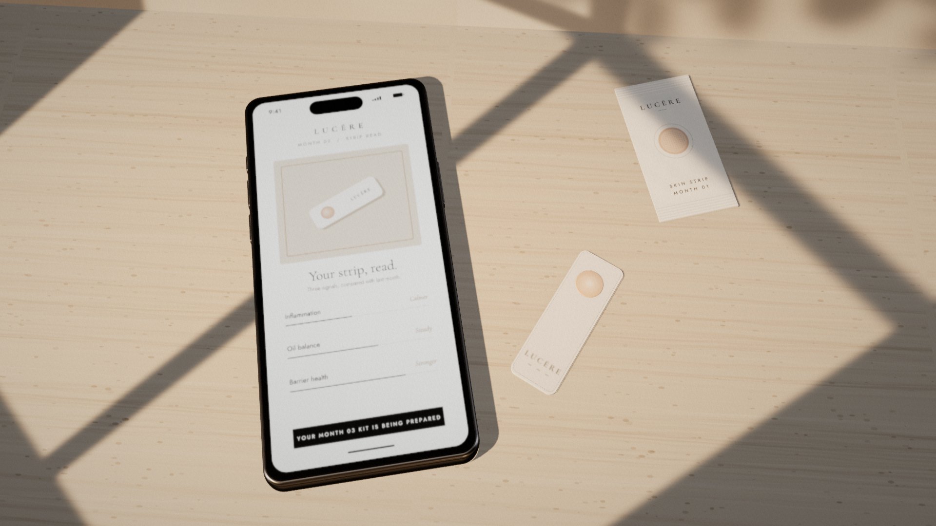 The Lucére app showing a skin strip reading